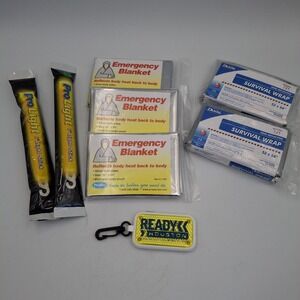 Emergency Survival Lot (8pc) Mylar Blankets 52x84 Chem Light Sticks Glow Hook